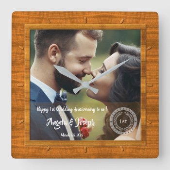 1st Wedding Anniversary Photo Wood Texture Clock by Pick_Up_Me at Zazzle