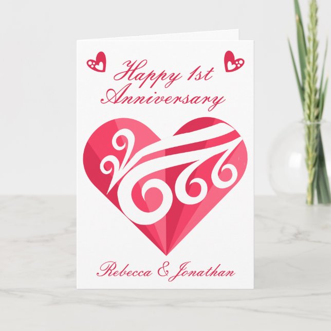 1st Wedding Anniversary Pink Heart Personalized Card (Front)
