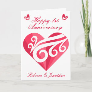 1st Wedding Anniversary Pink Heart Personalized Card