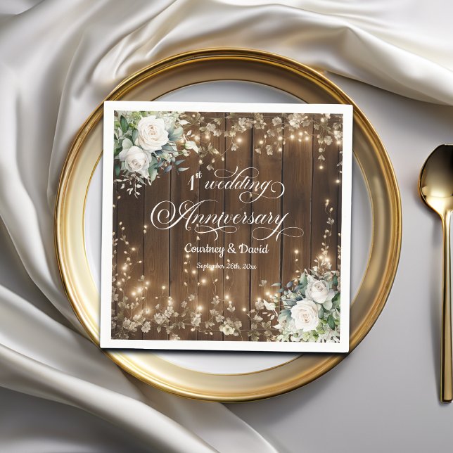 1st Wedding Anniversary Rustic String Lights Napkins (Creator Uploaded)