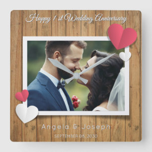 1st Wedding Anniversary  – Rustic Wood & Hearts Square Wall Clock