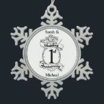 1st Wedding Anniversary Snowflake Pewter Christmas Ornament<br><div class="desc">A keepsake to mark your first wedding anniversary. The shield like design in black and white,  with roses and romantic vines. A great way to mark your 1st year of marriage,  you paper anniversary.</div>