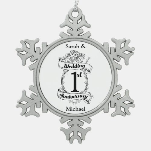 1st Wedding Anniversary Snowflake Pewter Christmas Ornament