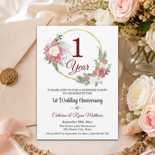 1st Wedding Anniversary Surprise Party Floral Invitation