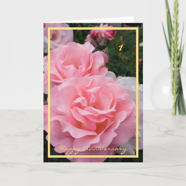 1st Wedding Anniversary Wishes Elegant Pink Roses Card (Front)