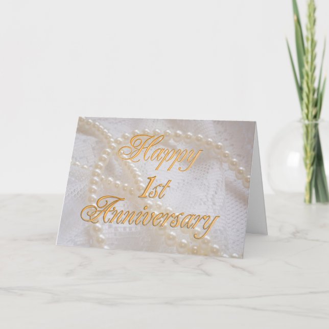 1st wedding anniversary with lace and pearls card (Front)