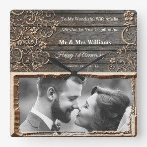 1st wedding anniversary wooden photo frame clock