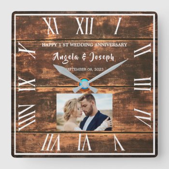 1st Wedding Anniversary Wooden Photo Frame  Square Wall Clock by Pick_Up_Me at Zazzle