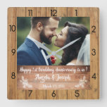 1st Wedding Anniversary Wooden Texture Clock at Zazzle