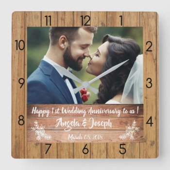 1st Wedding Anniversary Wooden Texture Clock by Pick_Up_Me at Zazzle