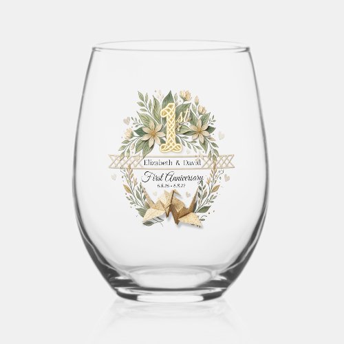1st Wedding Paper Anniversary Floral Couple Cranes Stemless Wine Glass