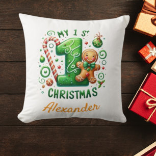 1st Xmas Candy Cane Gingerbread Photo  Throw Pillow
