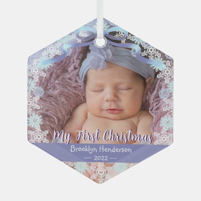 1st Xmas New Baby Photo Name Light Blue Purple Glass Ornament (Front)