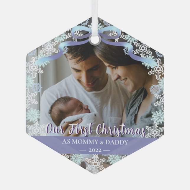 1st Xmas Newborn Parents Soft Blue Tone Custom  Glass Ornament (Front)