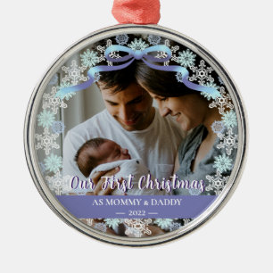 1st Xmas Newborn Parents Soft Blue Tone Custom Metal Ornament