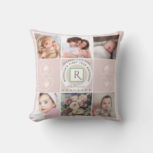 1st Year Birthday 6 Custom Baby Photos wMedalion Throw Pillow