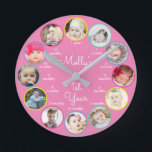 1st Year of Photos Girl Nursery Round Clock<br><div class="desc">This cute colorful design features space for a photo from each month of baby girl's first year, along with baby's name or your own personal text! Click the customize button for more options for modifying the text/photos! Variations of this design, additional colors, as well as coordinating products are available in...</div>