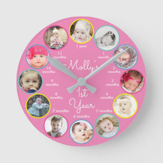 1st Year of Photos Girl Nursery Round Clock
