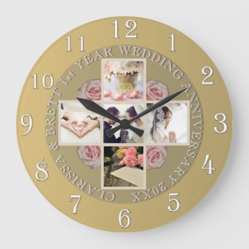1st year Wedding Anniversary 5 photos Gold Color Large Clock