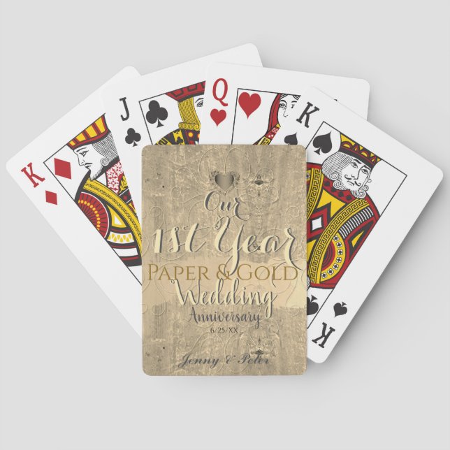 1st Year Wedding Anniversary Paper&Gold  Poker Cards (Back)