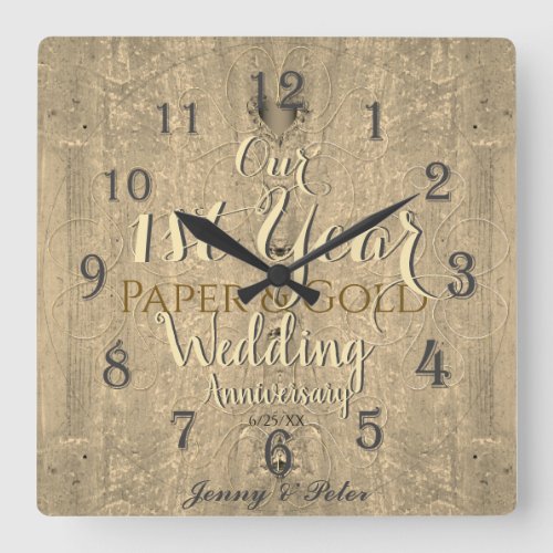 1st Year Wedding Anniversary PaperGold Square Wal Square Wall Clock