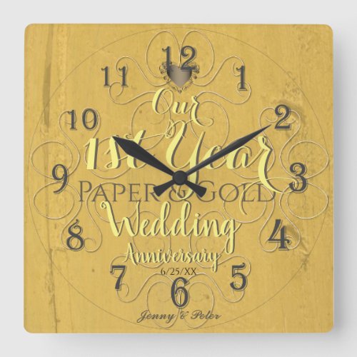 1st Year Wedding Anniversary PaperGold Square Wall Clock