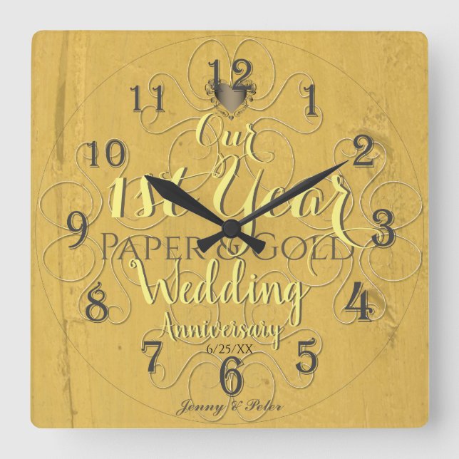 1st Year Wedding Anniversary Paper&Gold Square Wall Clock (Front)