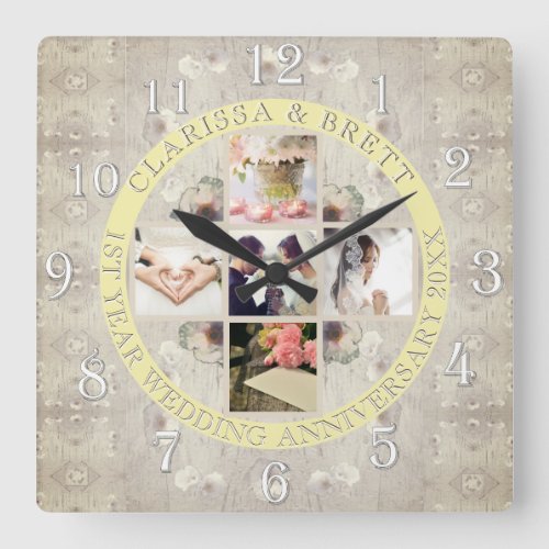 1stYrWedding Anniversary Photos Yellow Medalion Square Wall Clock