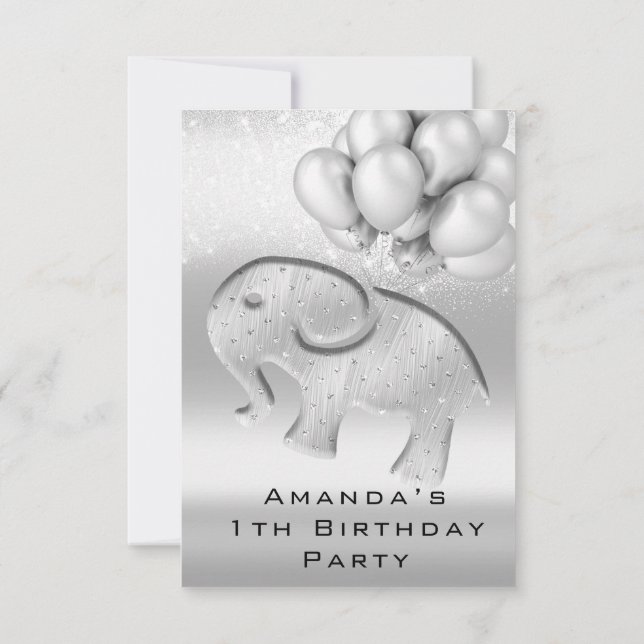 1th Birthday Baby Shower Gray Elephant Ballons Invitation (Back)
