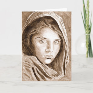 2004 Pencil Drawing Afghan Refugee Girl sepia Card