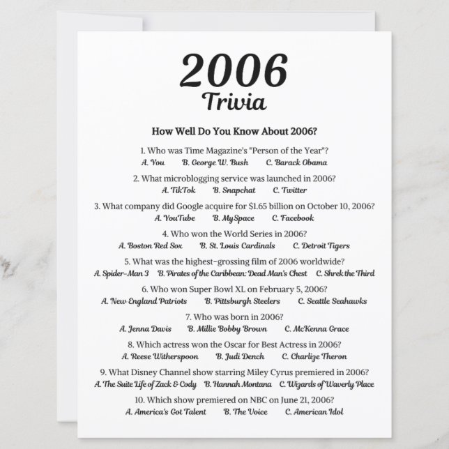 2006 Trivia Game | 19th Birthday Party Game (Front)