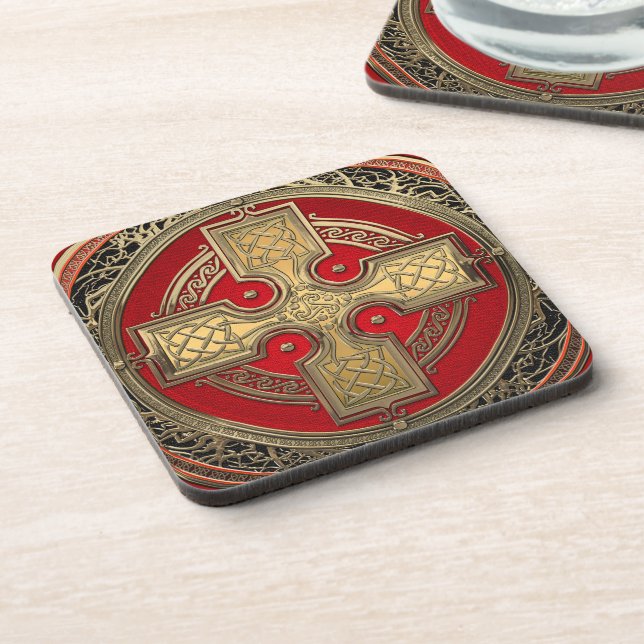 [200] Ancient Celtic Sacred Gold Knot Cross Beverage Coaster (Left Side)