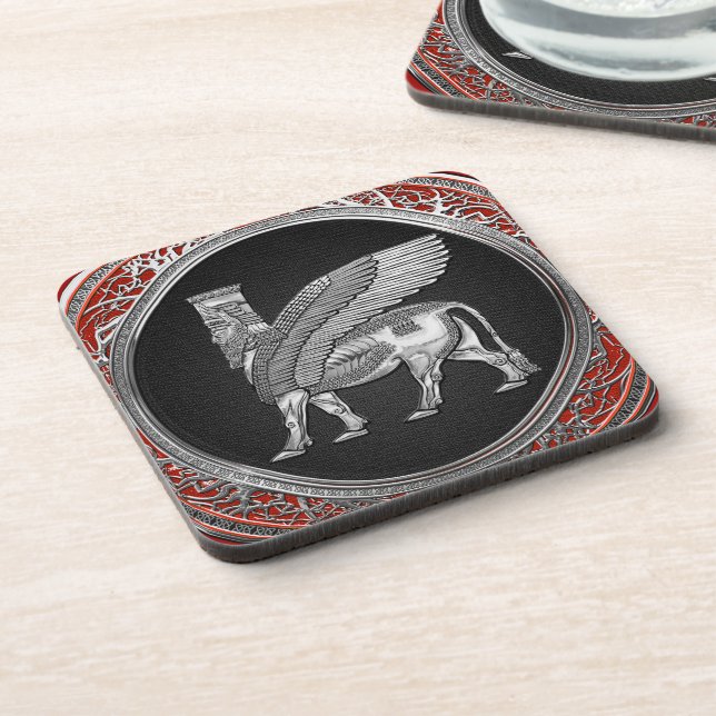 [200] Assyrian Winged Bull - Silver Lamassu Beverage Coaster (Left Side)