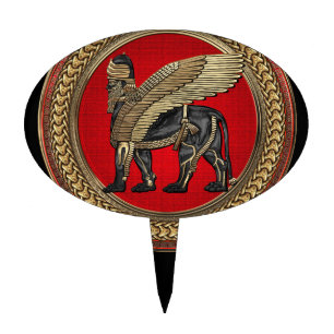[200] Assyrian Winged Lion: Gold & Black Lamassu Cake Topper
