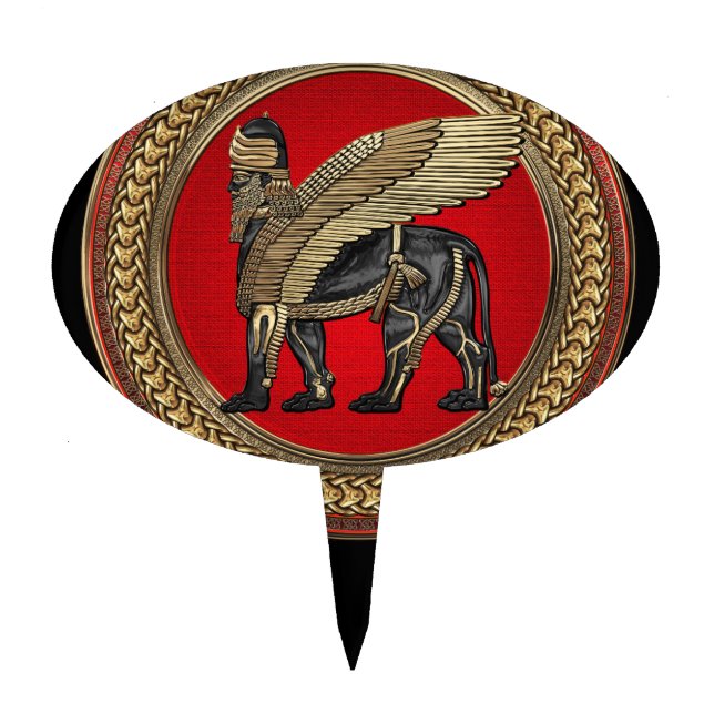 [200] Assyrian Winged Lion: Gold & Black Lamassu Cake Topper (Front)