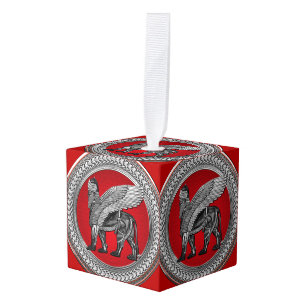 [200] Assyrian Winged Lion: Silver & Black Lamassu Cube Ornament
