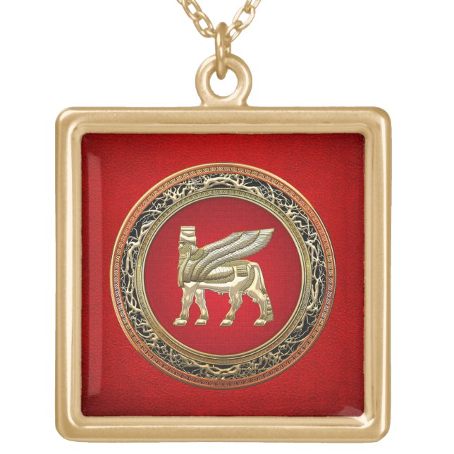 [200] Babylonian Winged Bull Lamassu [3D] Gold Plated Necklace (Front)