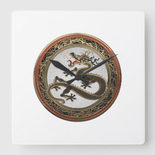 [200] Black and Gold Sacred Eastern Dragon Square Wall Clock