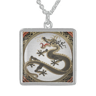 [200] Black and Gold Sacred Eastern Dragon Sterling Silver Necklace