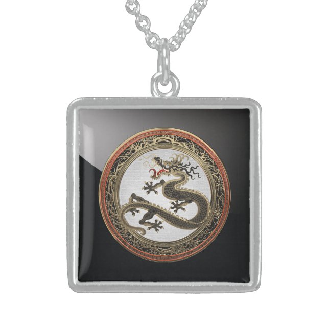 [200] Black and Gold Sacred Eastern Dragon Sterling Silver Necklace (Front)
