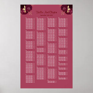 200 Burgundy And Gold Floral Wedding Seating Chart