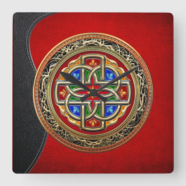 [200] Celtic Cross [Gold+Enamel] Square Wall Clock (Front)