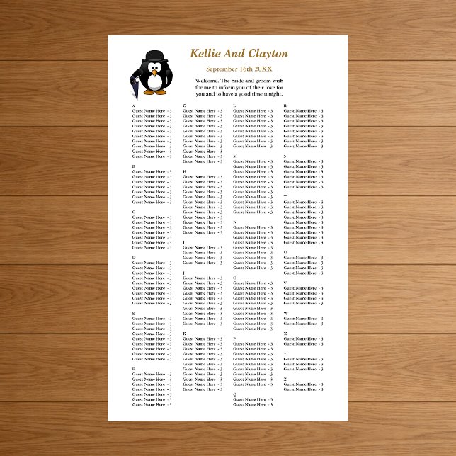 200 Funny Penguin Greeter Wedding Seating Chart Foam Board (Creator Uploaded)