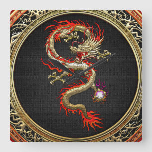 [200] Golden Chinese Dragon Fucanglong Square Wall Clock