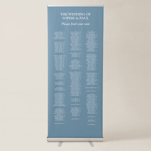 200 Guest Dusty Blue Wedding Seating Chart Retractable Banner (Front)
