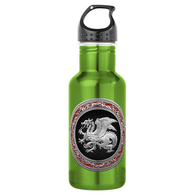 [200] Icelandic Dragon, Landvættir [Silver] Stainless Steel Water Bottle (Front)