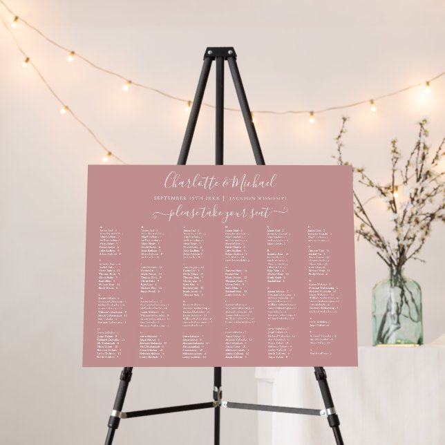 200 Names Dusty Rose Wedding Seating Chart Sign (In Situ (Stand))