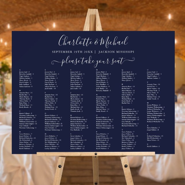 200 Names Navy Blue Wedding Seating Chart Sign (200 Names Navy Blue Wedding Seating Chart Sign)
