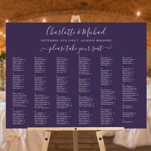 200 Names Purple Wedding Seating Chart Sign