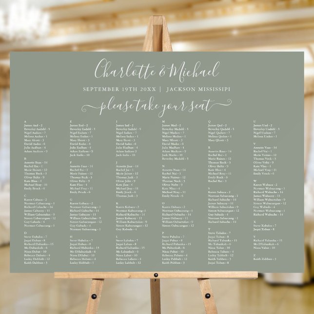 200 Names Sage Green Wedding Seating Chart Sign (200 Names Sage Green Wedding Seating Chart Sign)